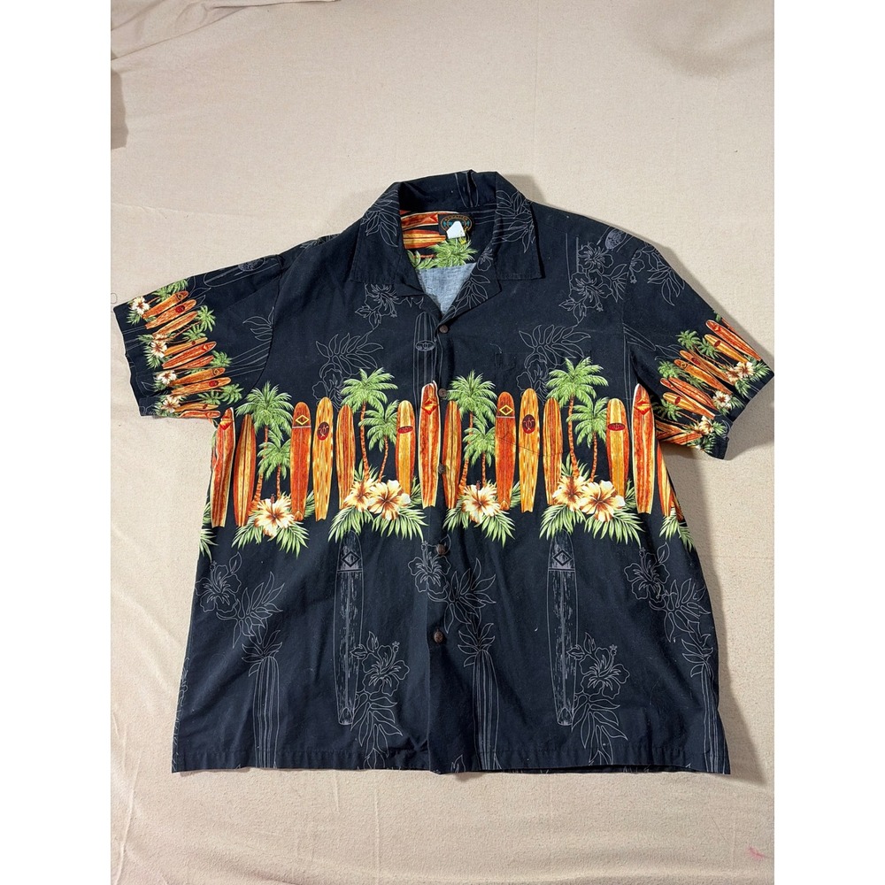 Hawaiian Reserve‎ Collection Mens 2XL Black Surfboard Palm Tree Aloha Shirt